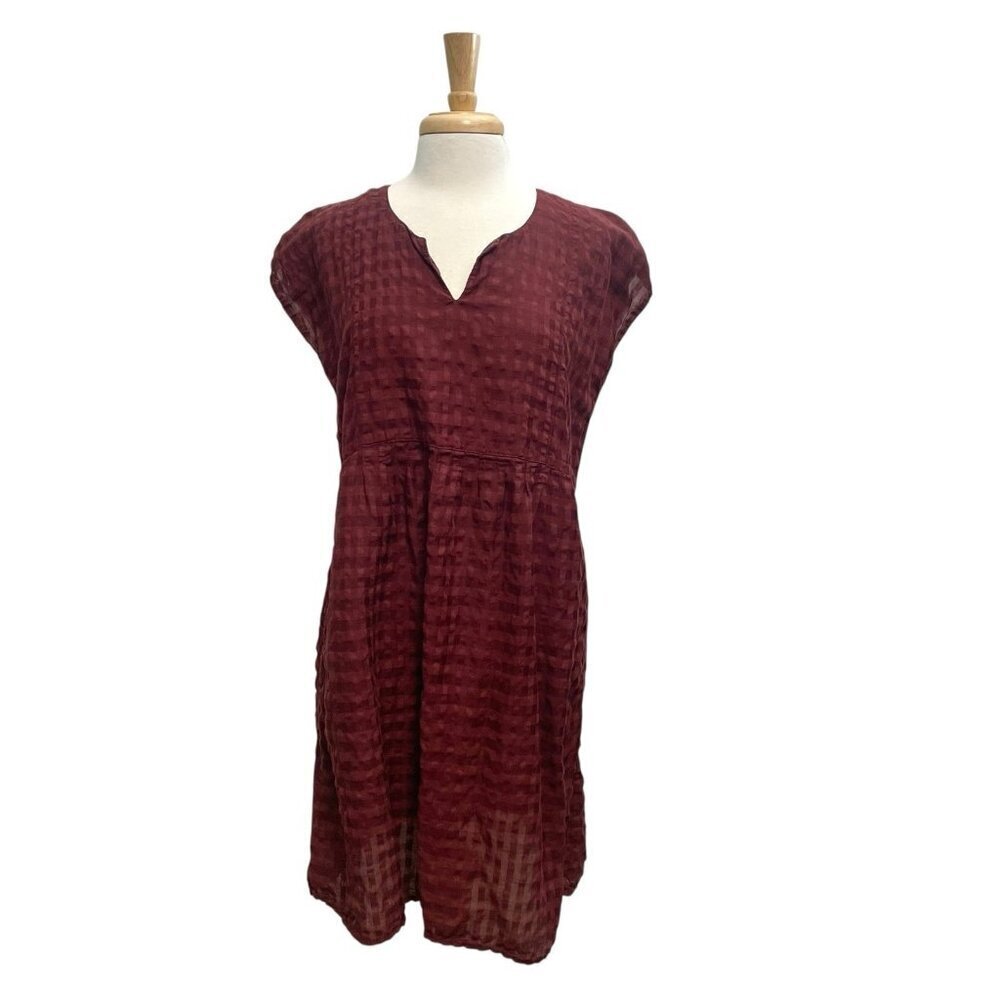Cut Loose Linen Blend Boxy Check Grid Tunic Dress Maroon Lagenlook size Large